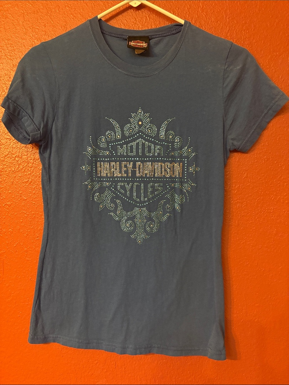 Harley-Davidson Blue Short Sleeve Tee with Rhinestone Crest